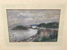 Amy Watt (1900-1956) pastel - Drake's Island, Plymouth, 15 x 22cm, glazed frame