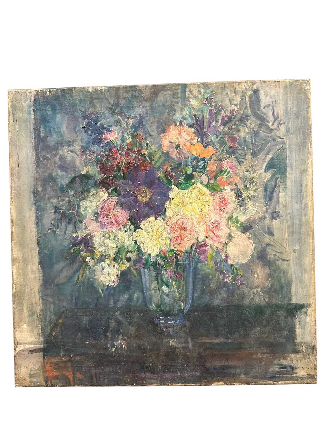 Amy Watt (1900-1956) oil on canvas, still life of flowers in a glass vase, 60 x 60cm - Bild 2 aus 7