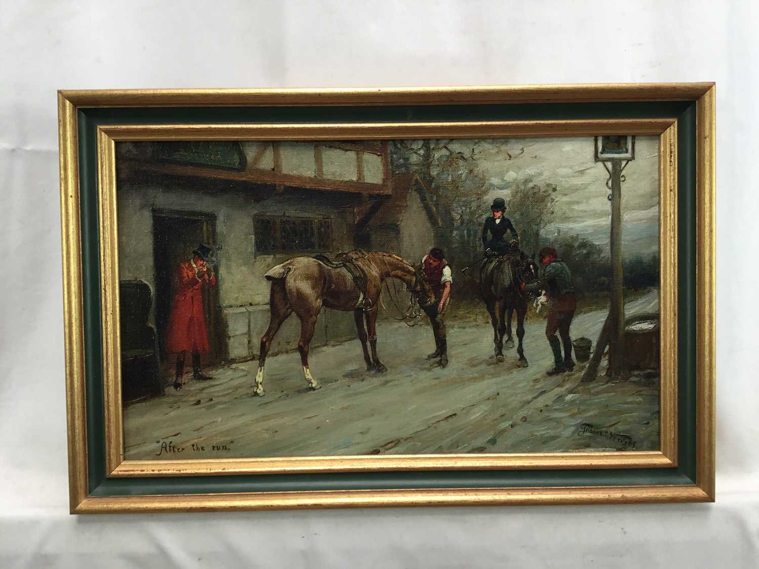Filbert S. Wright 19th century, oil on canvas, "After the Run", huntsmen and horses by an inn, sign - Image 2 of 3