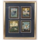 Four miniature Indo-Persian gouache paintings on cloth, depicting hunting scenes, each 15 x 12cm, fr