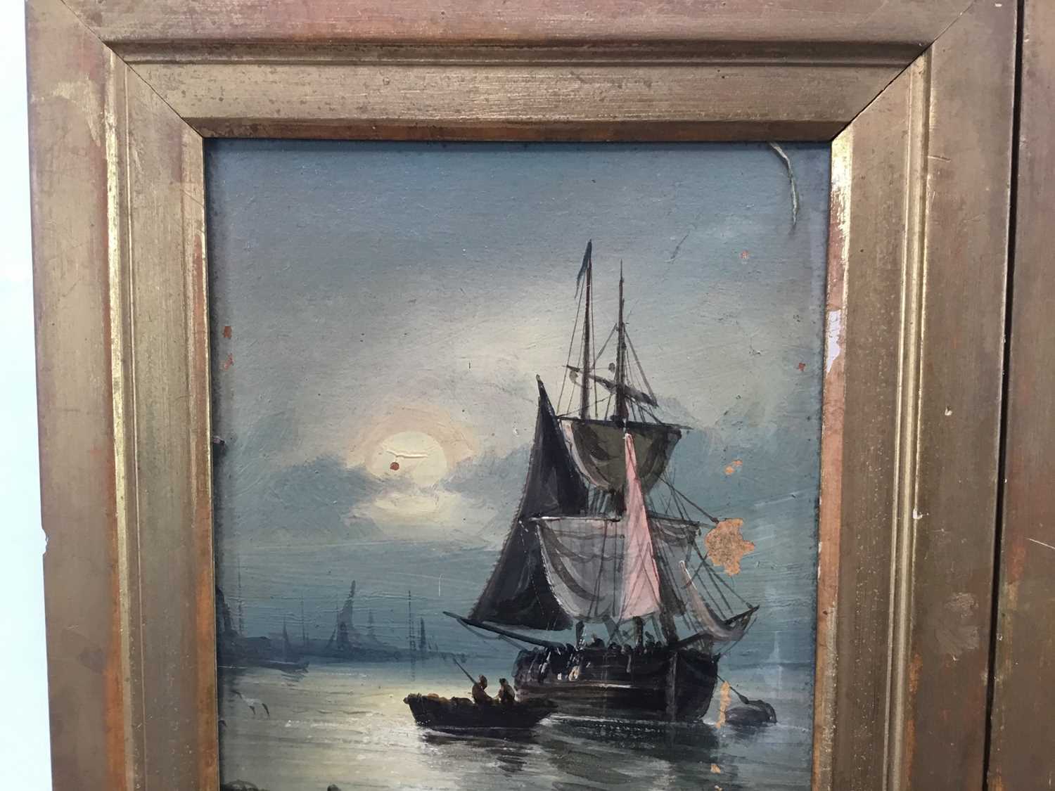 English School 19th century, oils on board, fishing vessel beached by cliffs, and a sailing barge at - Image 6 of 7