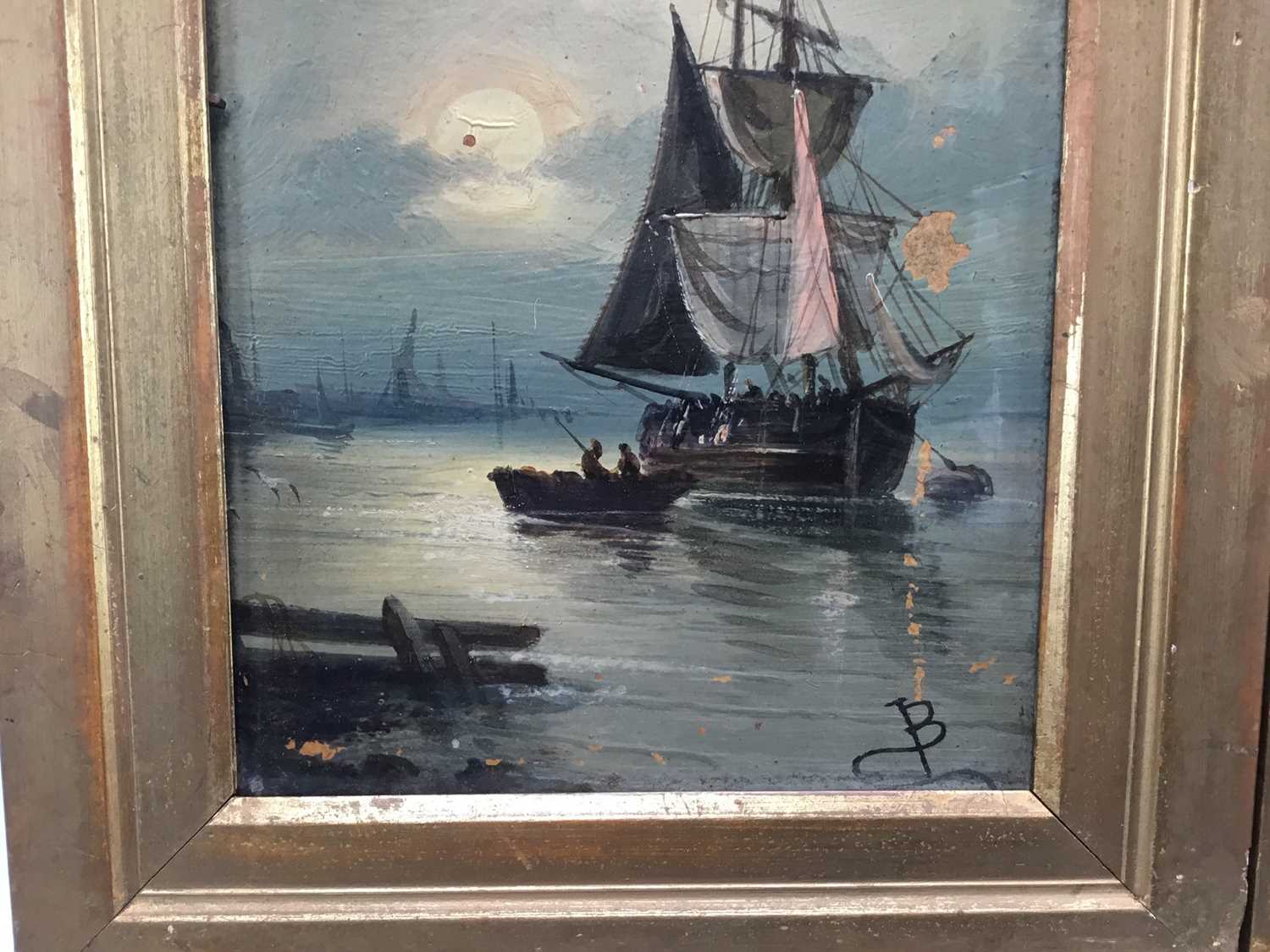 English School 19th century, oils on board, fishing vessel beached by cliffs, and a sailing barge at - Image 5 of 7