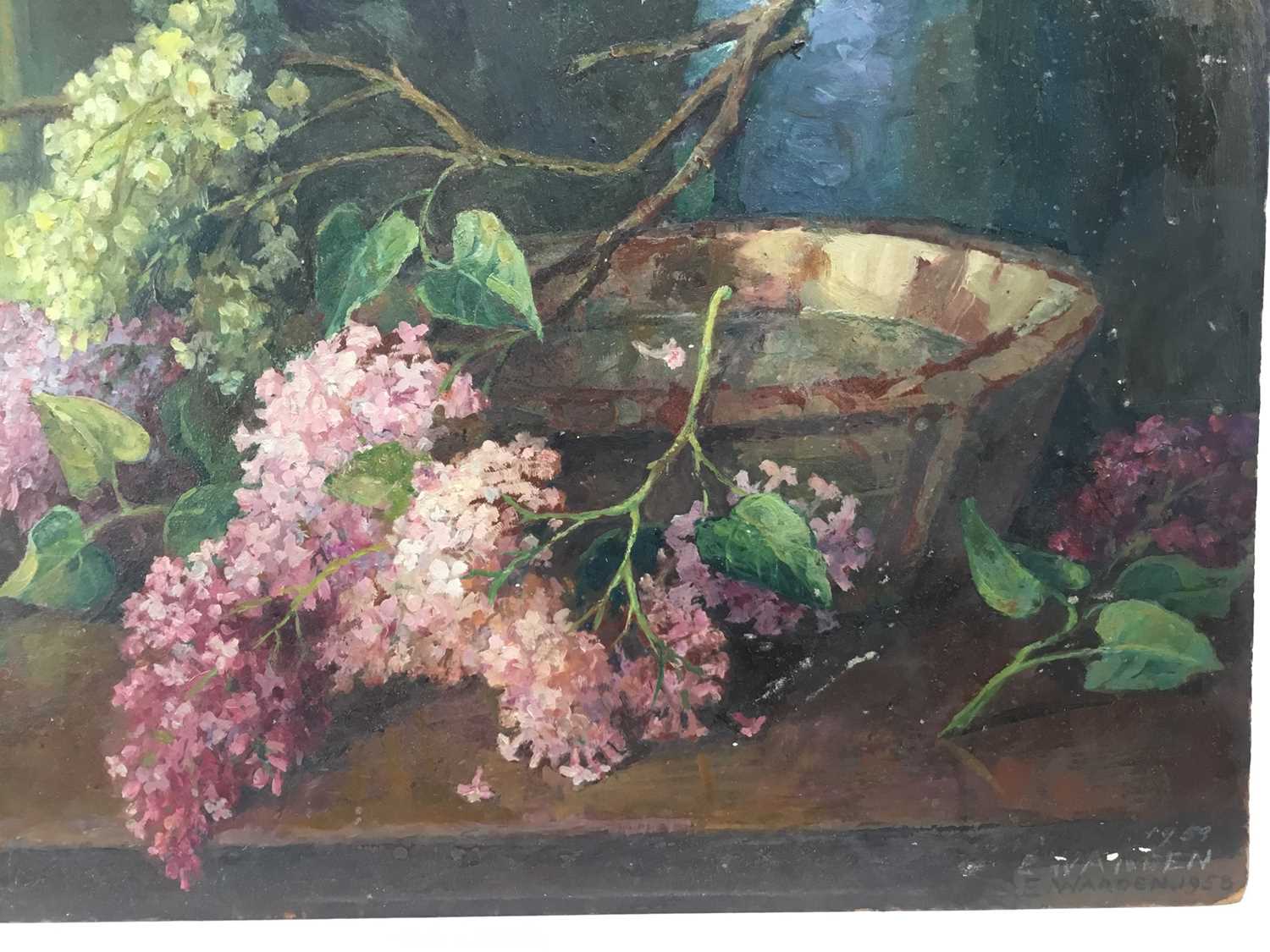 Evalina Eleanor Warden (1873-1977) oil on board - 'Lilac Time' signed twice and dated '59, 40cm x 46 - Image 8 of 10