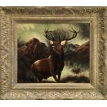 Manner of Landseer, oil on board, A stag at bay in a mountainous landscape, in gilt frame, 50 x 60cm