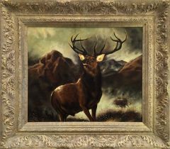 Manner of Landseer, oil on board, A stag at bay in a mountainous landscape, in gilt frame, 50 x 60cm