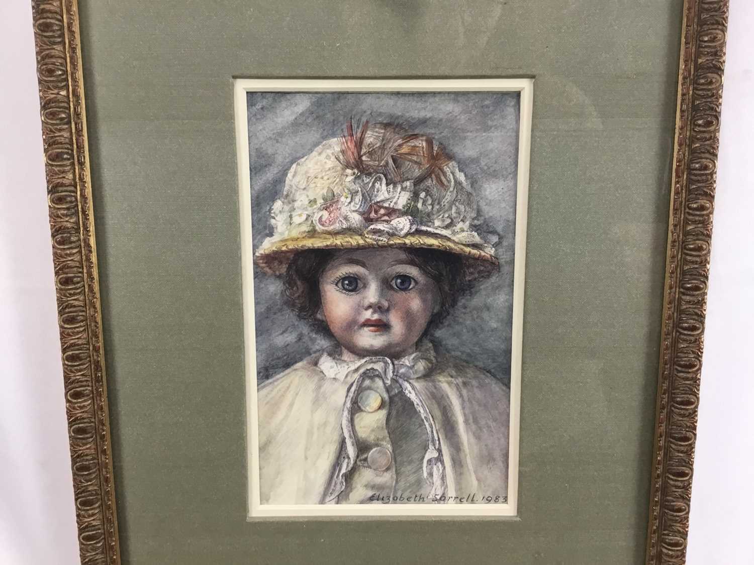 Elizabeth Sorrell (1915-1991) watercolour, doll, signed and dated 1983, 18 x 12cm, glazed frame - Image 2 of 4