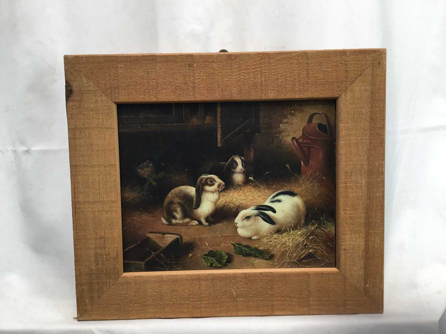 20th century English School, oil on board, Four Lop Eared Bunnies in a barn, in wooden frame, 19 x 2 - Image 2 of 7