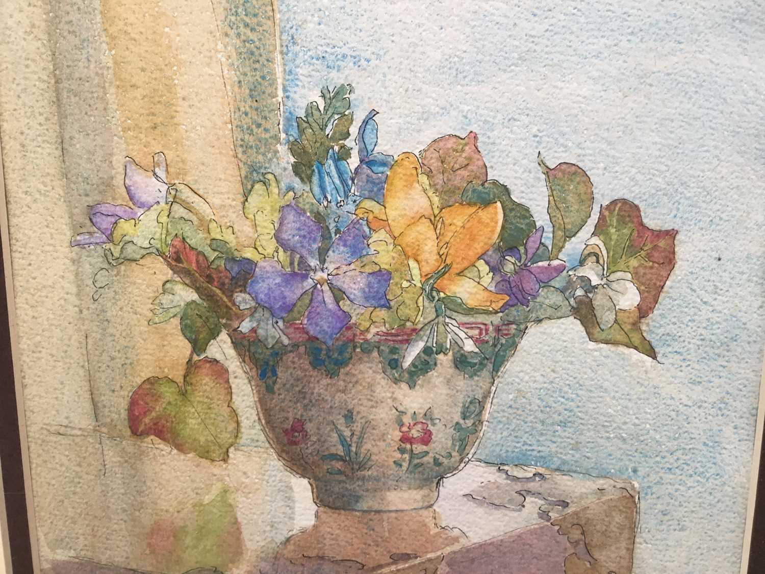 Amy Watt (1900-1956) watercolour - bowl of flowers before a coastal landscape - Image 3 of 4