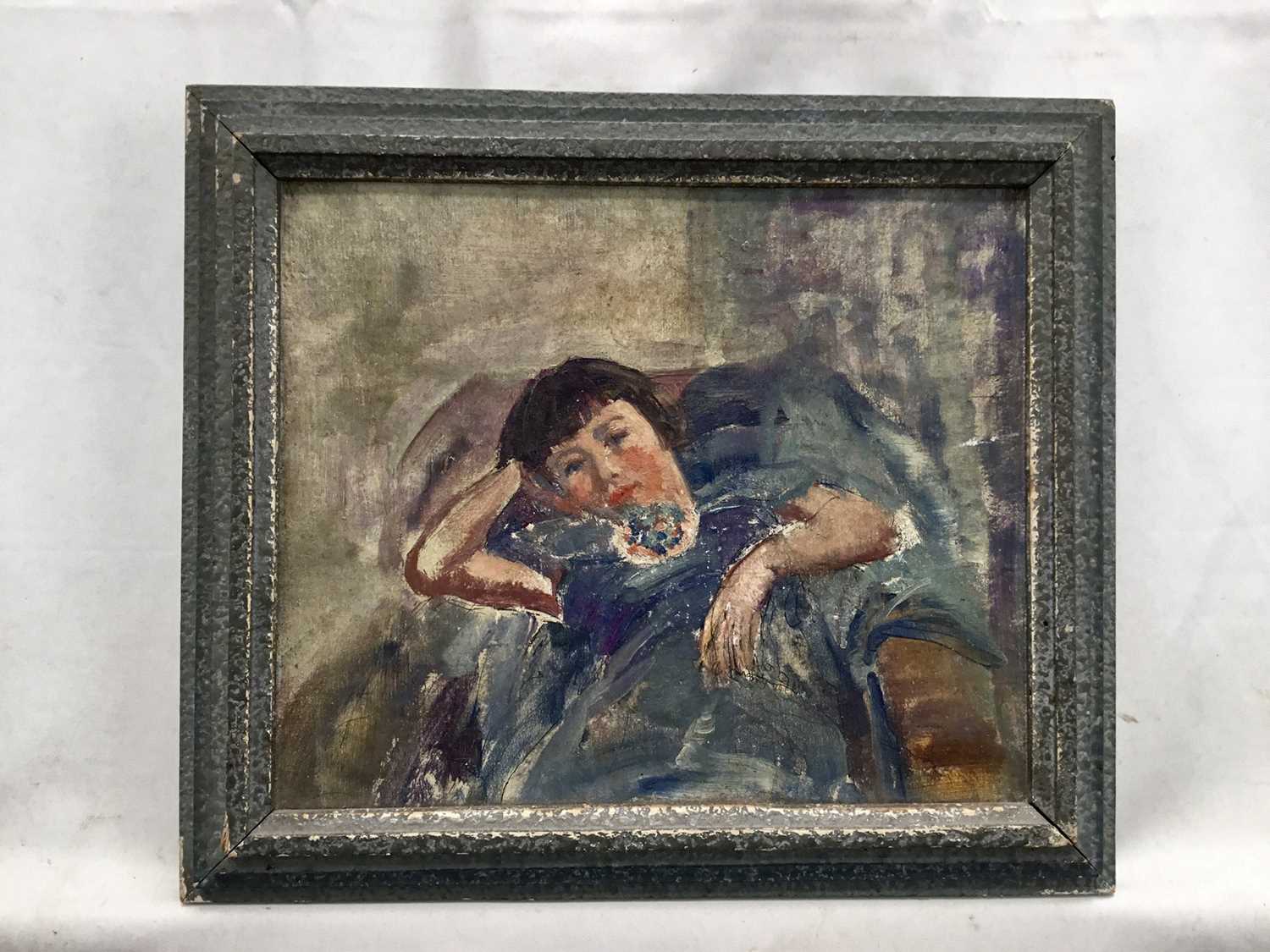 Amy Millar Watt (1900-1956) oil on canvas laid down onto board - girl seated, 16cm x 19cm, framed - Image 2 of 4