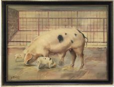 Ken Allesbrook, oil on board, Gloucester Old Spot sow and her piglets, signed and dated '87, in blac