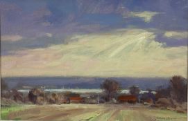 James Hewitt (b. 1934) oil on card - 'November Landscape', signed, titled verso, 28cm x 18cm, mounte