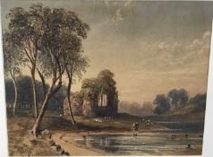 Circle of John Varley, watercolour heightened with white, Sheep grazing before a ruined church on th