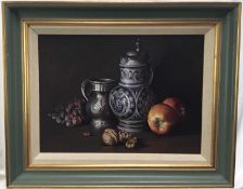Peter F. Fuller, oil on canvas - Still life of two jugs, fruit and walnuts, 28cm x 39cm, signed, fra