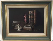 Peter F. Fuller, oil on canvas - Still life of books, spectacles, chess pieces and a playing card, s