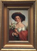 Early 20th century English School, oil on board, young lady holding a bouquet of flowers, in gilt fr
