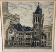 Valerie Thornton (1931–1991) etching of a church, signed and dated 1971, artist's proof, 39cm x 39cm