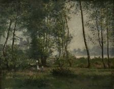 Manner of Gustave Courbet (1819 - 1877), oil on board, wooded river landscape with a mother and chil