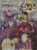 Annelise Firth (b.1961) oil on canvas - Still life, with purple and red flowers on grey background,