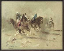 20th century Continental School, oil on canvas, Arab horsemen in a sand storm, indistinctly, signed,