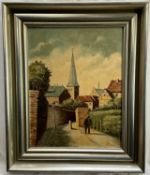 German school oil on board - town scene in Willich