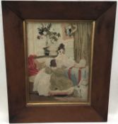 Two 19th century needlework pictures depicting figures, in maple veneered frames