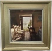 Anne Wright RBA, oil on canvas - Interior scene, monogrammed, 29.5cm x 29.5cm, framed