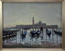 Peter Z. Phillips, oil on board, view across the Bay of Venice with gondolas in the foreground, sign