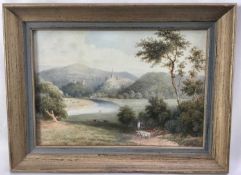 George Reynolds Gill (1827-1904) watercolour, Droving sheep in an extensive landscape with a fortifi