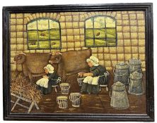 Charming Naive School oil on canvas board - The Milkmaids, 47cm x 55cm, framed