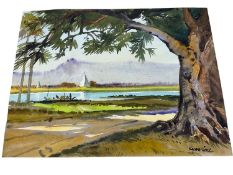 Kyaw Lay (Burmese 1938-1998) watercolour - River landscape, signed 28 x 38cm