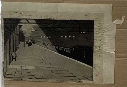 1930s monochrome woodblock picture of a train station