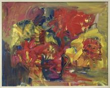 Annelise Firth (b.1961) oil on canvas - Still Life, yellow and red flowers in a blue jug, signed and