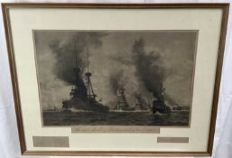 Norman Wilkinson (1878-1971) pencil signed engraving of battleships, titled 'The sure shield of Brit
