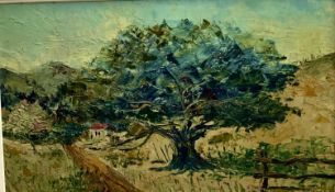 Mid 20th century oil on board - Mediterranean Landscape, a coastal scene verso, framed