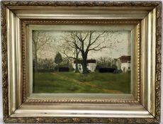 Naive oil on panel of cottages and trees, 14cm x 21cm, framed