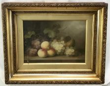 After Edward Ladell, oil on wood board - Still life with peaches, pear and grapes with vines on a ma