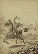 Pen and ink illustration, late 19th century, early 20th century rider on horseback, signed with mong