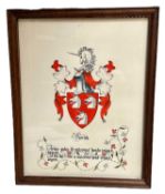 Decorative watercolour illustrating the arms of the Parrish family, in glazed frame, 43cm x 34cm ove