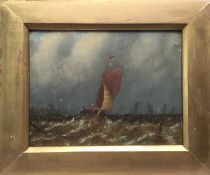 19th century English School, oil on artist board, a gaff rigged fishing vessel in a blow off the coa
