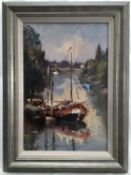 William Davies (b.1928) oil on board - Dutch Barge at Richmond, signed, framed, 38cm x 25cm Exhibite