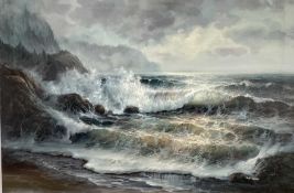 Ray Green (Contemporary) oil on canvas - Waves Crashing on the Shore, signed, 61cm x 92cm, unframed