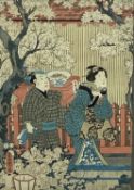 Two antique Japanese coloured woodblocks depicting figures, 36cm x 25cm, in glazed frames