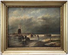 Mid 20th century Dutch School, oil on panel, skaters on a frozen canal near a windmill, oil on panel