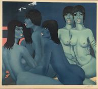 Felix Labisse (French, 1905-82), pencil signed print of nude women in blue (21/50), framed and glaze