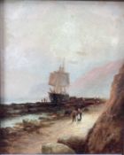 E. Bland, Edwardian oil on board - Ship on the Shore, Scalby Head, signed and dated 1902, 26cm x 21c