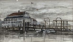 Jean Baker (Contemporary) mixed media - Lymington Yacht Club 1964, signed, titled verso, 44cm x 77cm