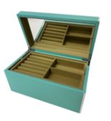 Good quality 'Swing Design' turquoise lacquer jewellery box with removal trays and inset mirror to l