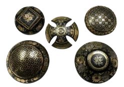 Group of five 19th century tortoishell piqué work brooches, with floral and lattice work decoration.