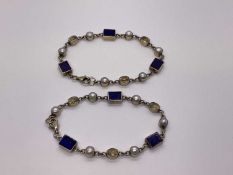 A pair of silver and lapis lazuli, citrine and cultured pearl bracelets in silver gilt setting, Edin