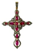 Victorian-style ruby and diamond cross pendant with mixed cut and marquise cut rubies surrounded by